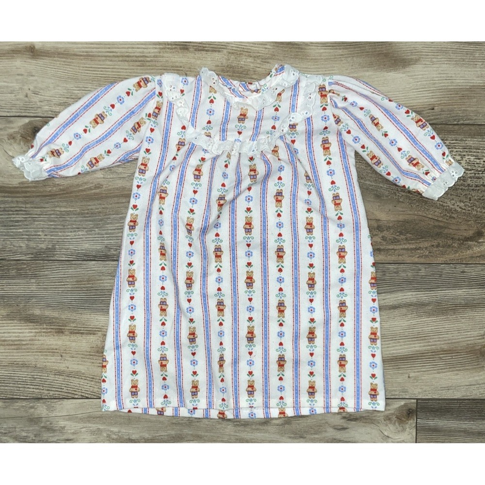 Lanz Of Salzburg Flannel Nightgown Girls Sz Small Blue Red Hearts Bear